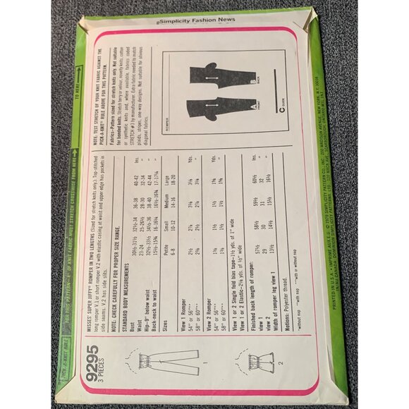 Simplicity Misses Romper Sewing Pattern sz 6 8 9295 - uncut - Picture 3 of 3